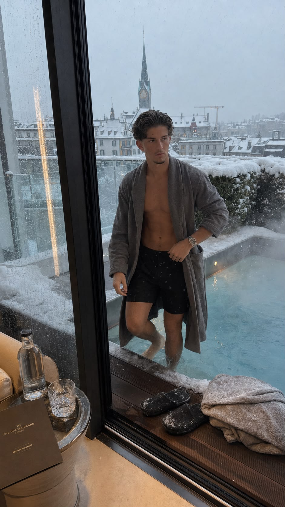 Snowy rooftop pool in Zurich, generated with a VISUALDEPT prompt